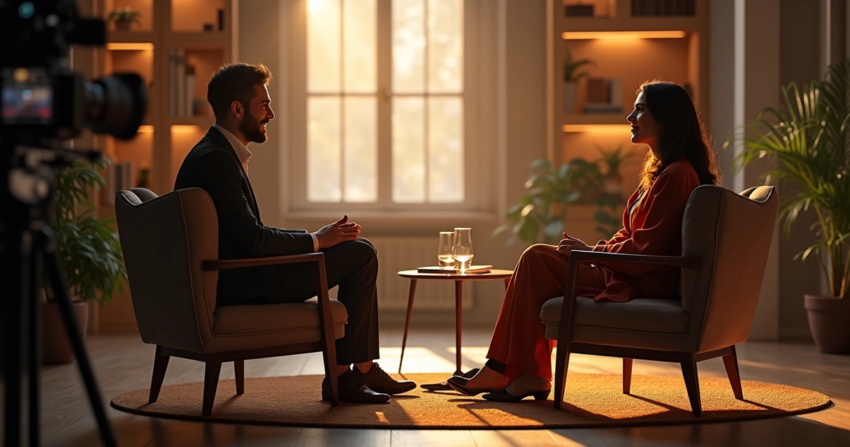 Ambiente de entrevista preparado, com iluminação suave e disposição acolhedora 