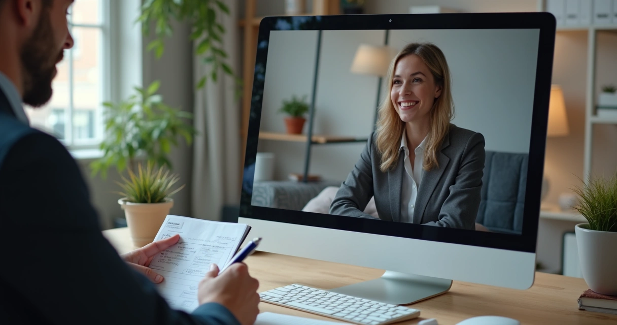 Profissional de contabilidade entrevistando cliente em videoconferência 