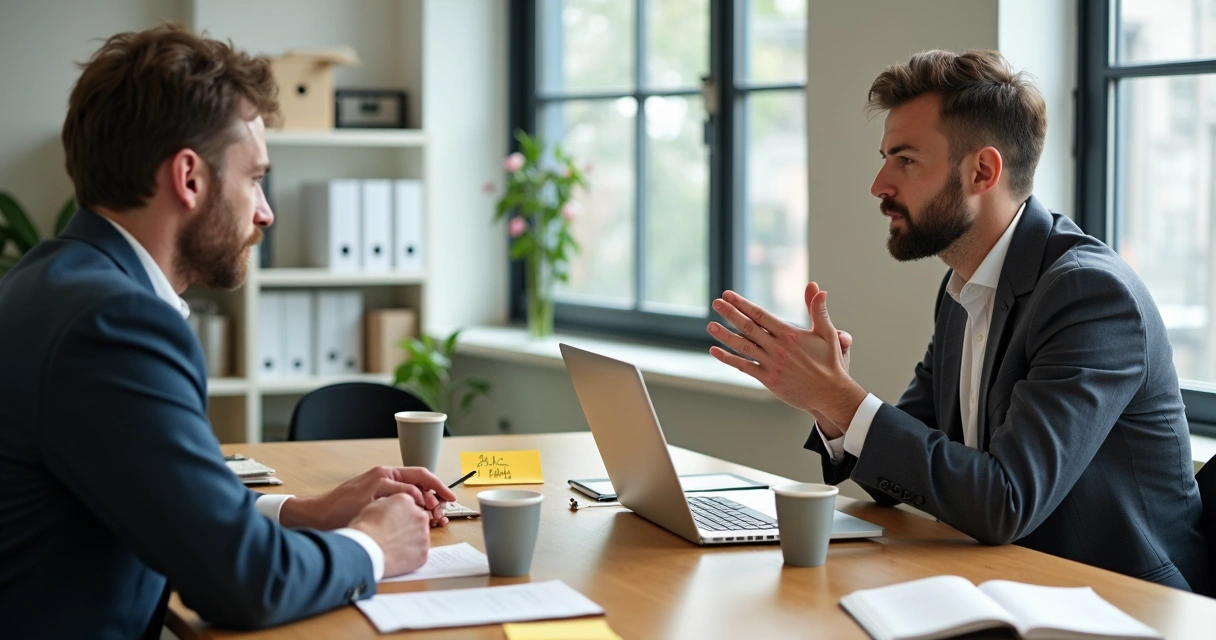 Empresário entrevistando cliente sentado à mesa com anotações e expressões atentas.