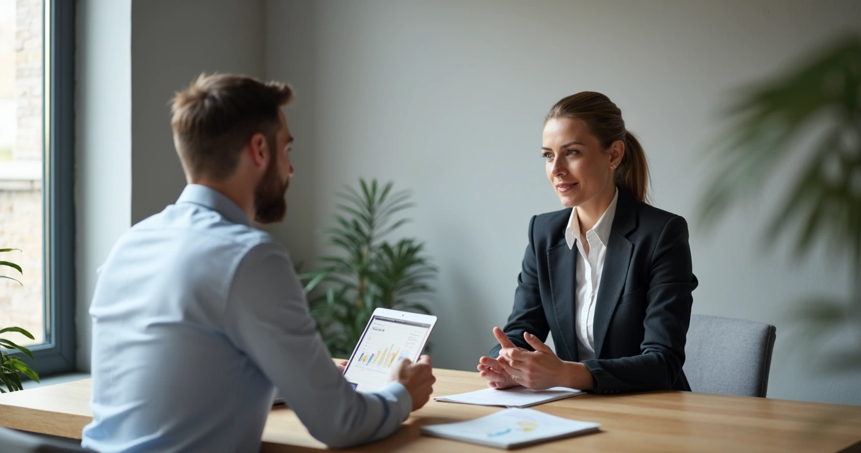 Profissional de marketing entrevistando uma cliente, ambos sentados em uma sala moderna 