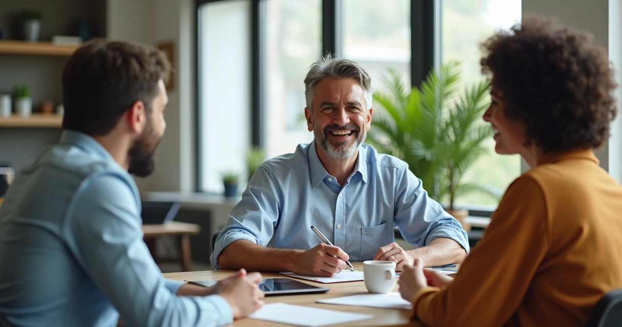 Dono de PME em uma mesa conversando com cliente em ambiente informal 