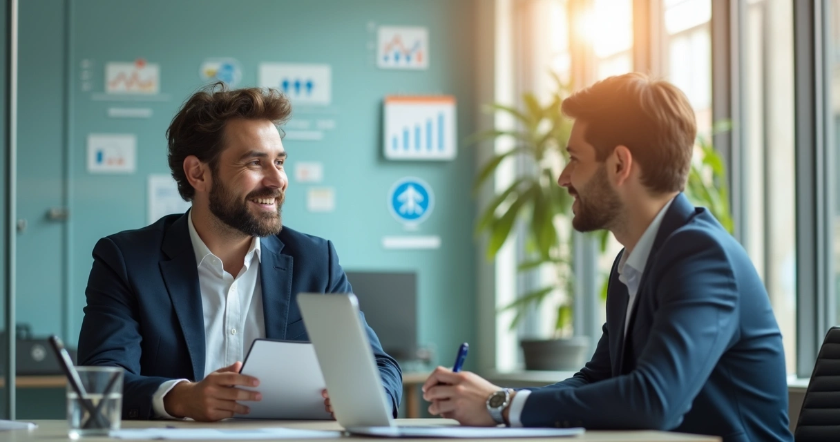 Líder SaaS entrevista cliente em escritório moderno, ambos rindo durante conversa 