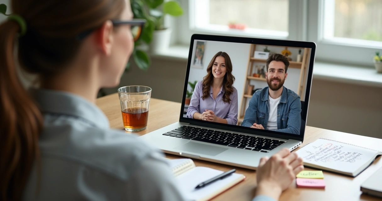 Entrevista com cliente por videochamada em notebook