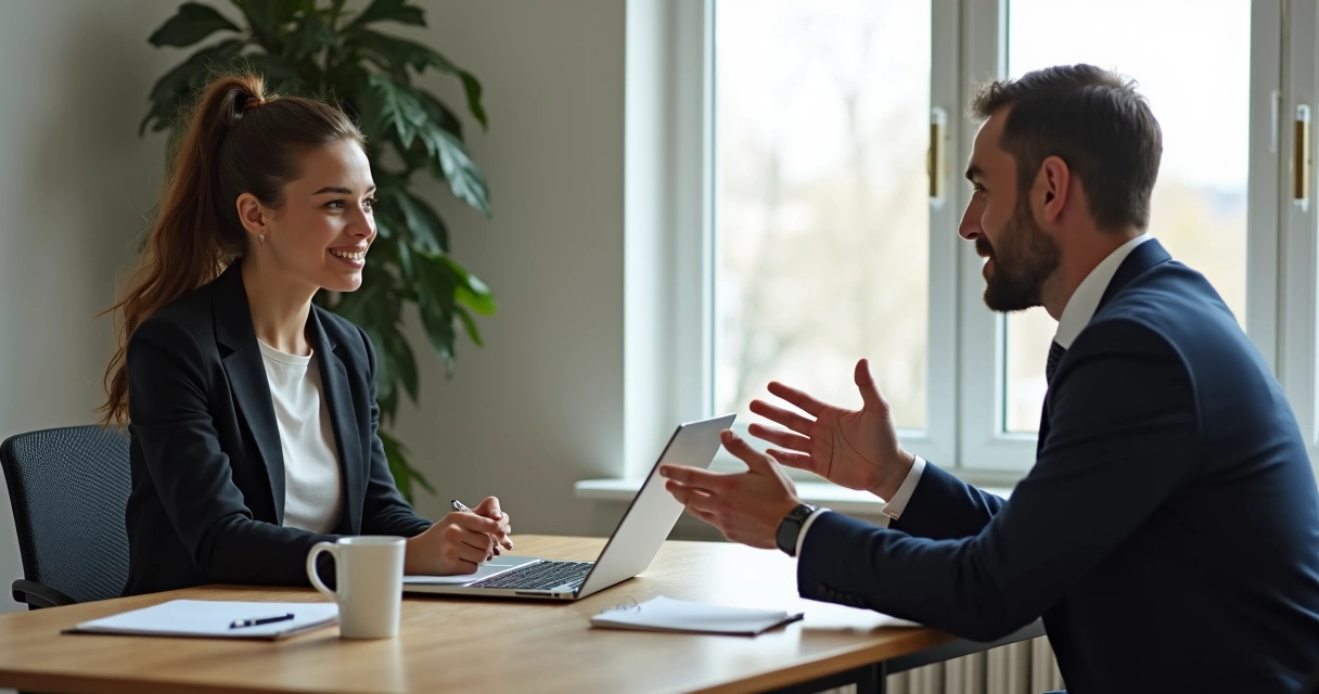 Profissional de marketing digital conduzindo entrevista com cliente 