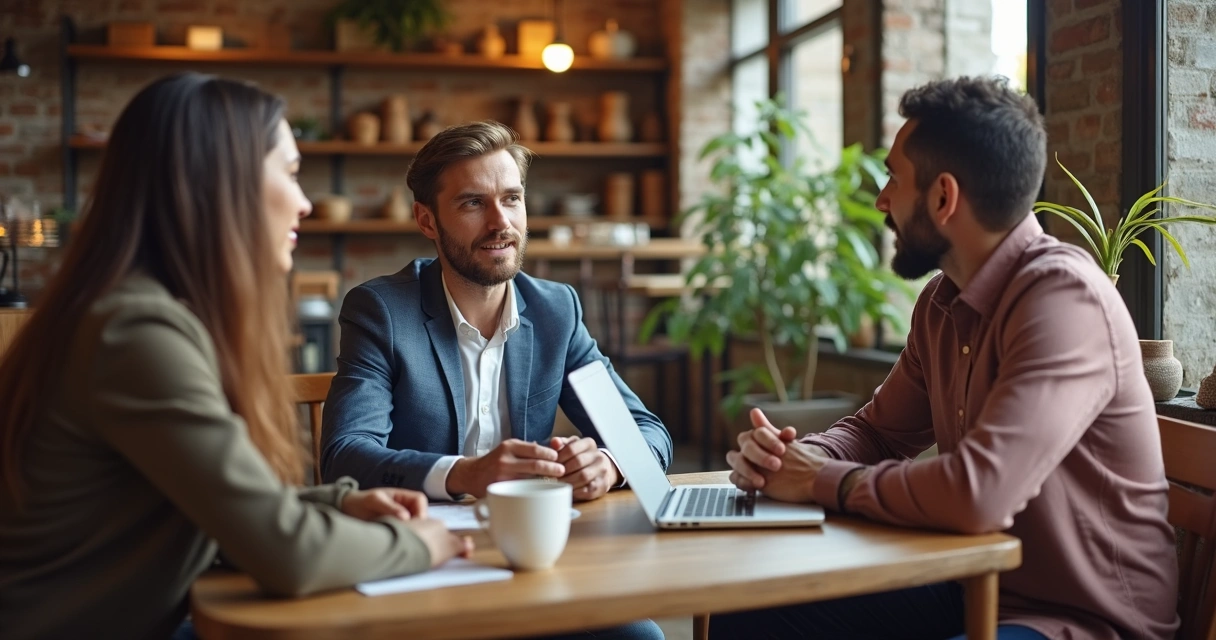 Empreendedor conversando com clientes em uma cafeteria, analisando respostas em um notebook 