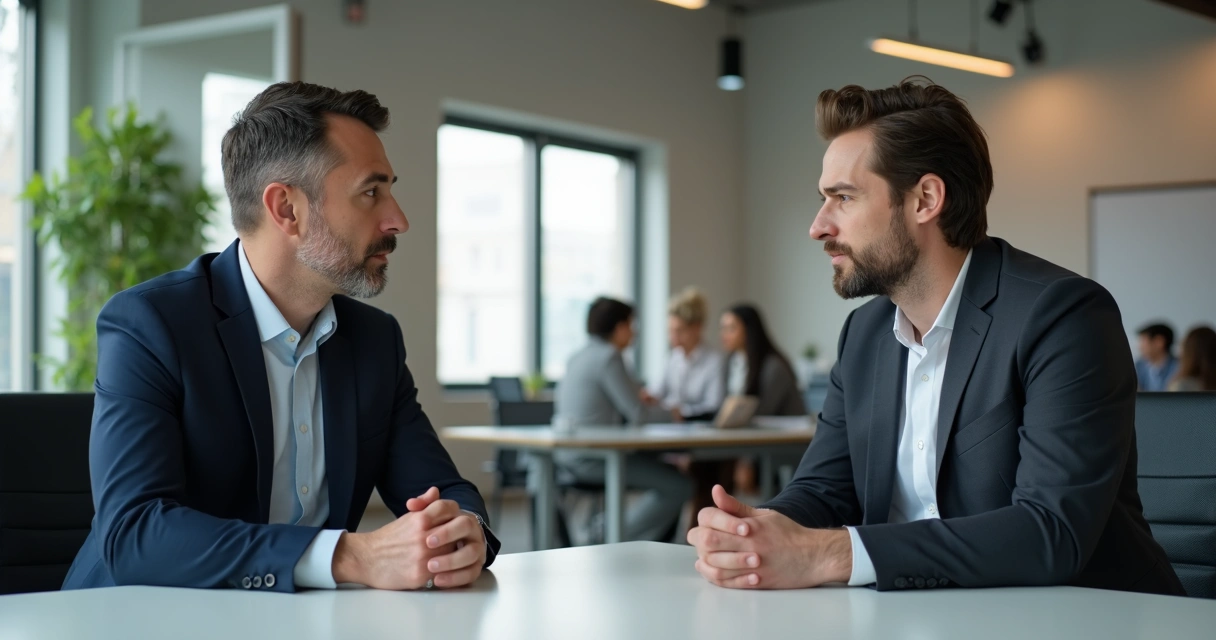 Gestor entrevistando pessoa com expressões atentas e cuidadosas 