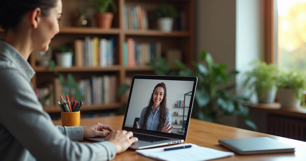 Pessoa em vídeo chamada praticando perguntas de entrevista comportamental em inglês, com anotações e laptop à frente 