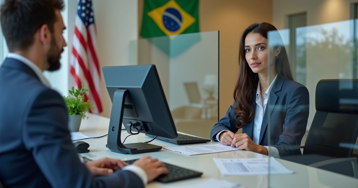 Entrevista de brasileiro no consulado americano, atendente ao fundo 