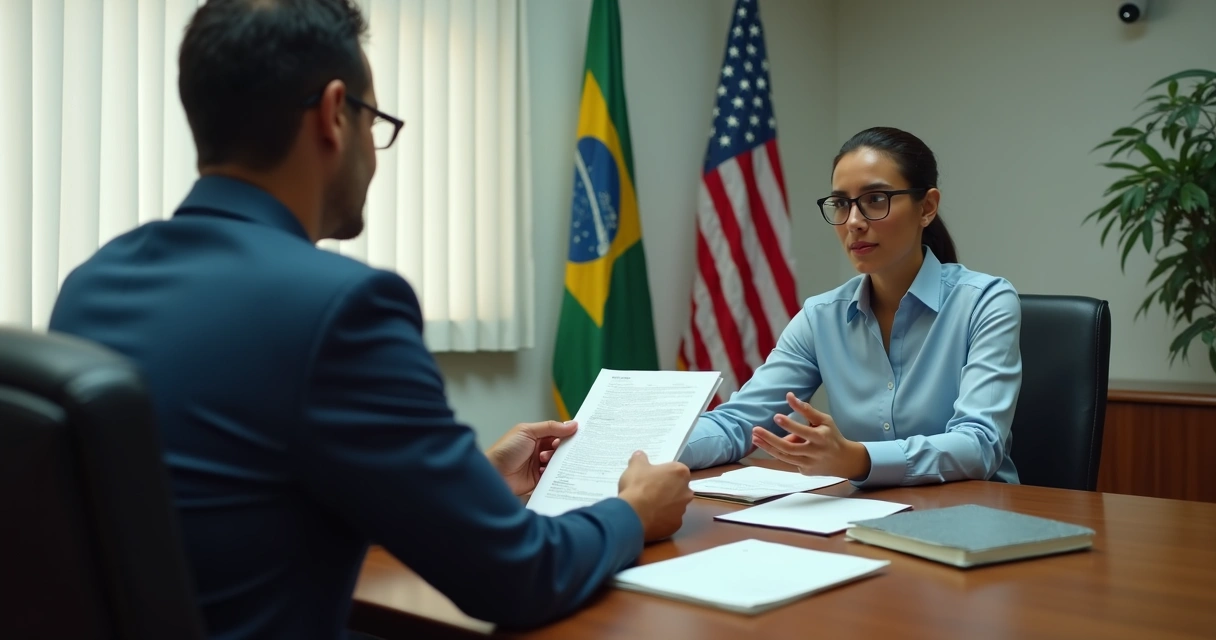 Pessoa sendo entrevistada no consulado americano 
