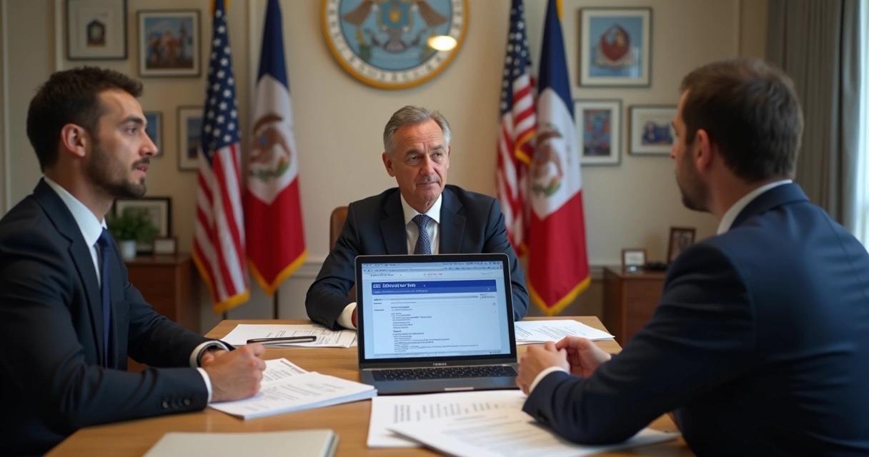 Pessoa em entrevista consular para visto dos Estados Unidos com documentos na mesa e oficiais ao fundo 