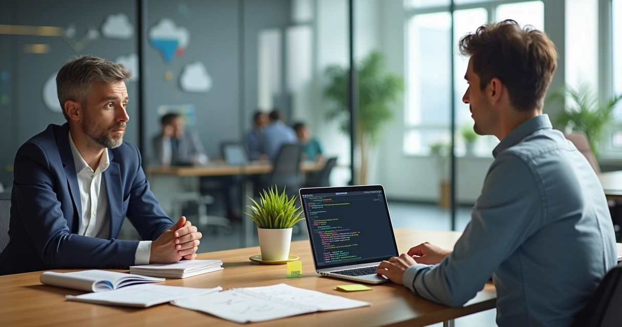 Gestor avaliando desenvolvedor de sistemas em entrevista de contratação 