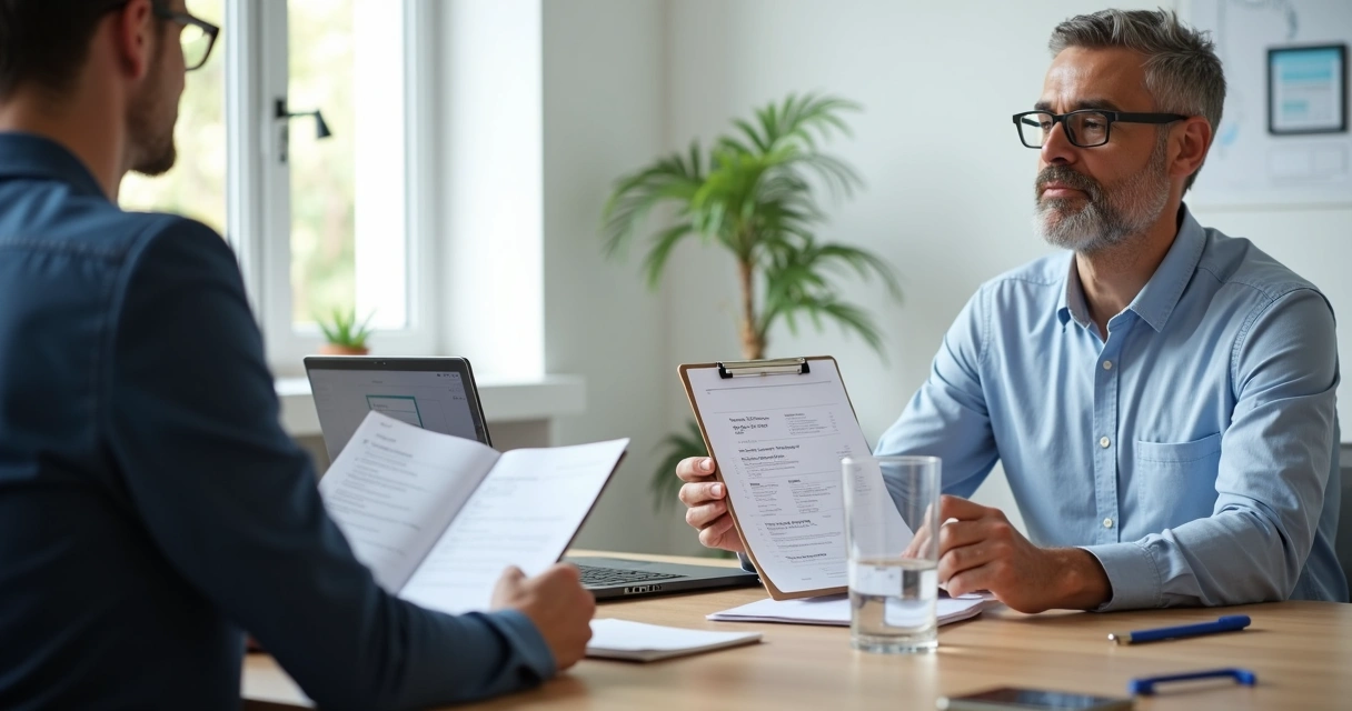 Gestor de PME entrevistando candidato em sala simples com anotacoes sobre competencias 