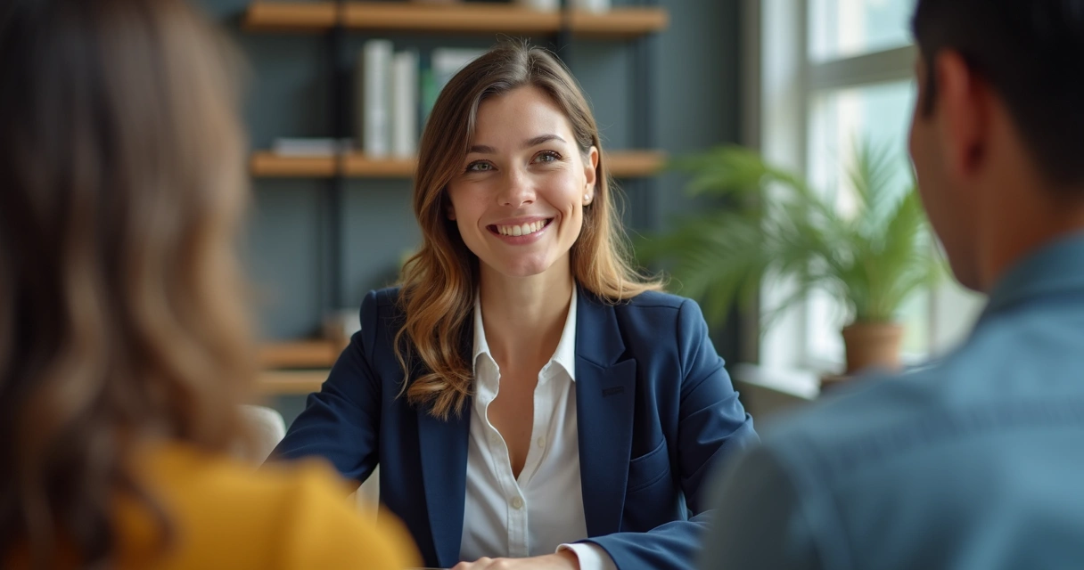 Pessoa em entrevista de emprego online falando inglês com cultura da empresa ao fundo 