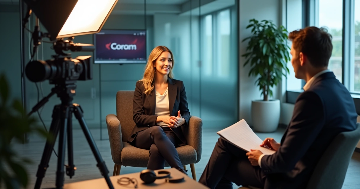Entrevistador e empresária em gravação de depoimento em estúdio profissional 