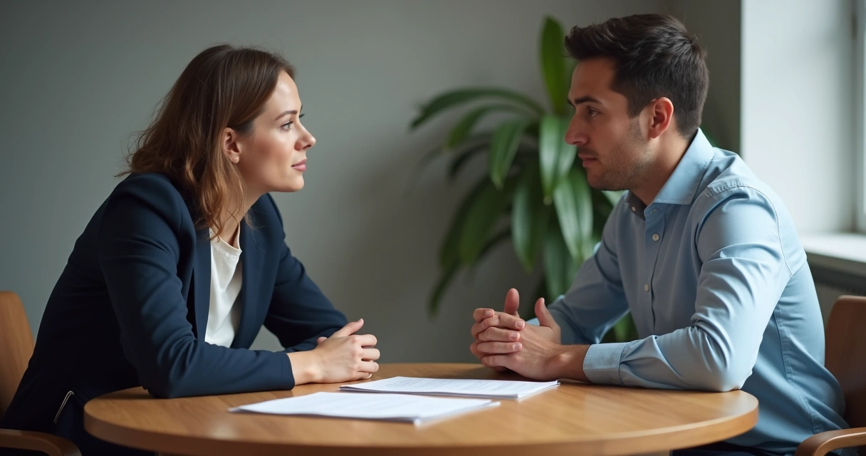Gestor conversando de frente com colaborador em sala reservada 