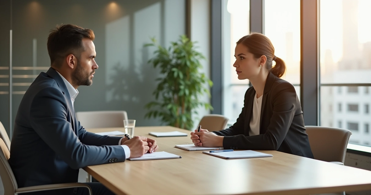 Gestor e colaborador em entrevista de desligamento. 