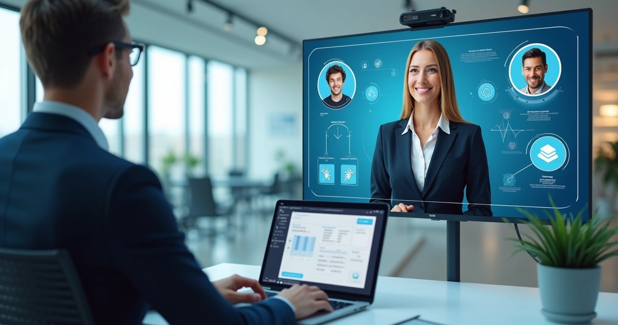 Pessoa sendo entrevistada digitalmente em sala moderna 