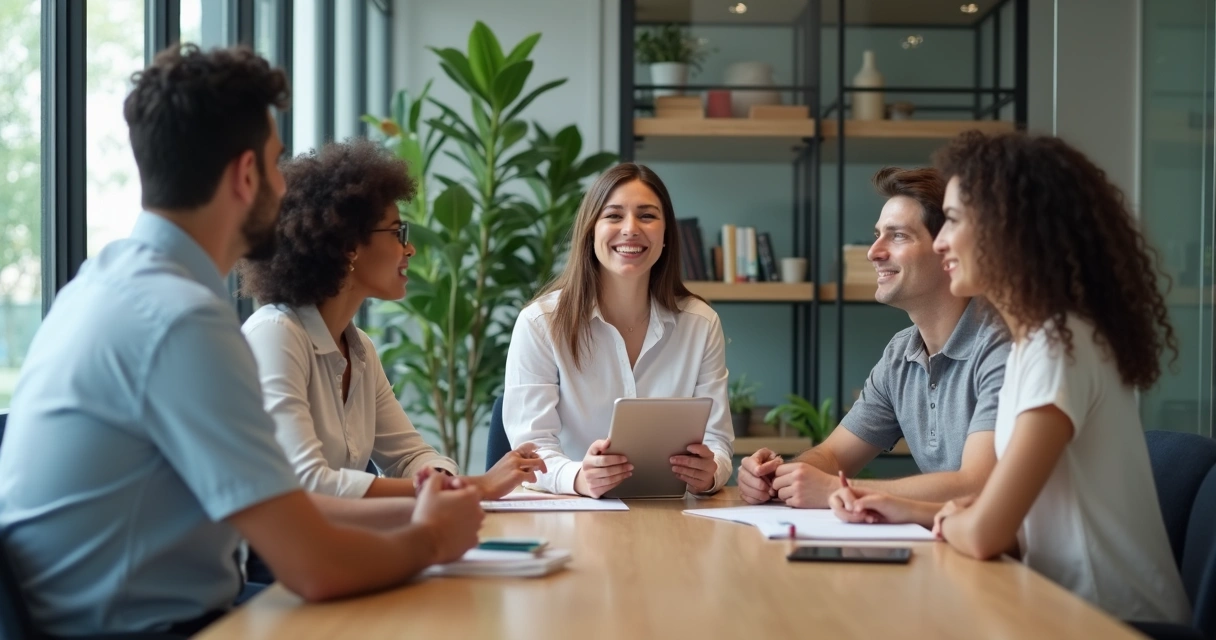 Recrutador conduzindo entrevista com candidatos diversos em uma PME 