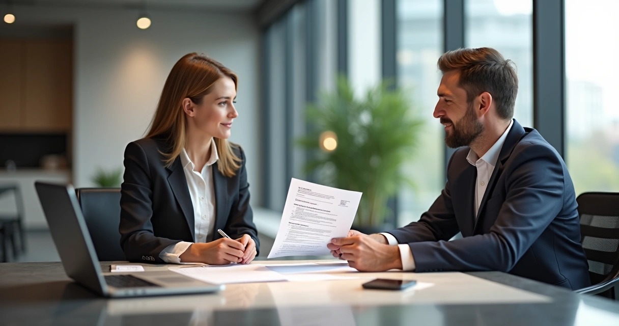 Entrevista de emprego em inglês, duas pessoas sentadas em uma mesa, conversando com currículo na mão