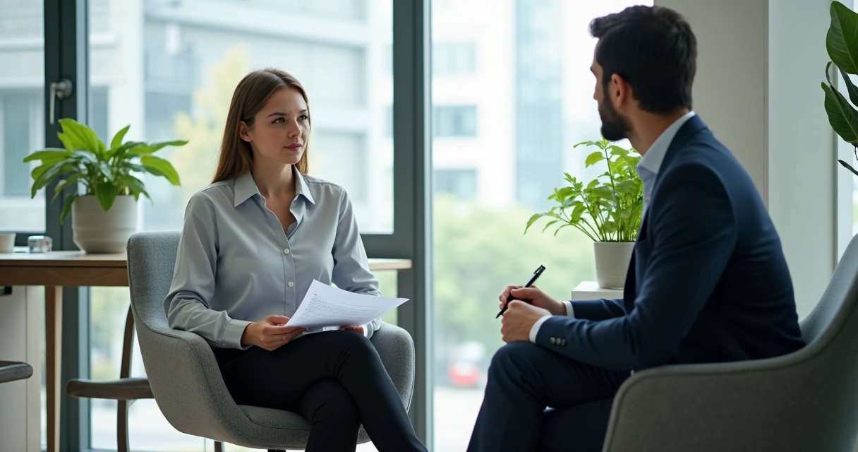 Candidato sentado em sala de entrevista com recrutador estrangeiro
