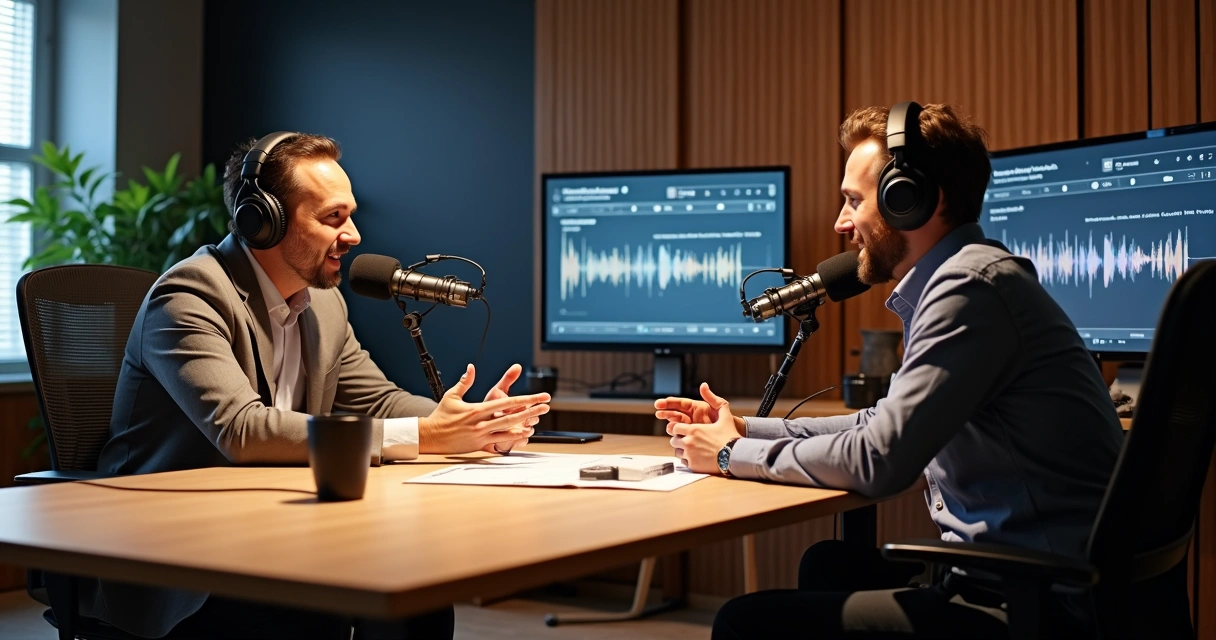 Apresentador entrevistando especialista em estúdio de podcast 