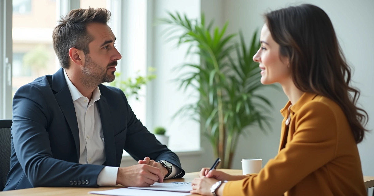 Entrevista de trabajo en oficina entre seleccionador y candidata con ambiente amigable