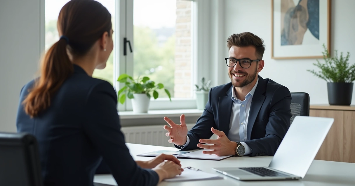 Candidato apresentando interesse durante entrevista de emprego com expressão confiante e linguagem corporal positiva 