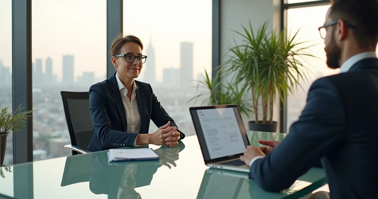 Pessoa sentada em frente a um entrevistador em ambiente de entrevista de emprego moderno e iluminado 