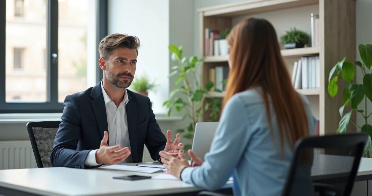 Pessoa fazendo entrevista de emprego em inglês, ambiente corporativo moderno, candidato falando com entrevistador em escritório bem iluminado 
