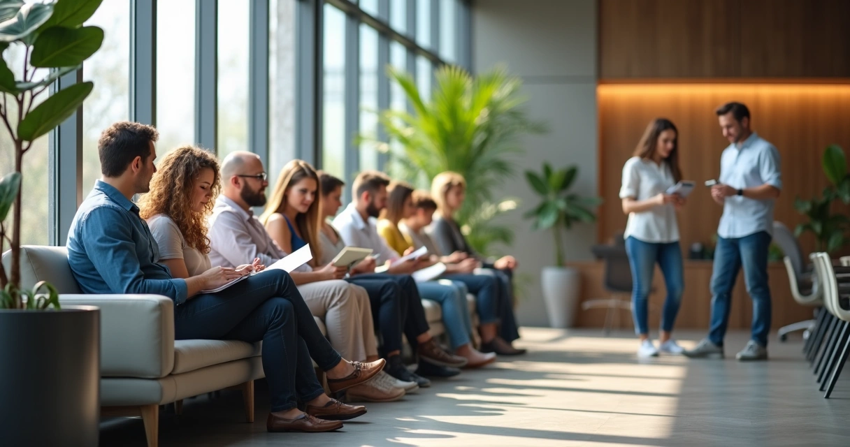 Candidatos sentados em sala de espera aguardando entrevista 