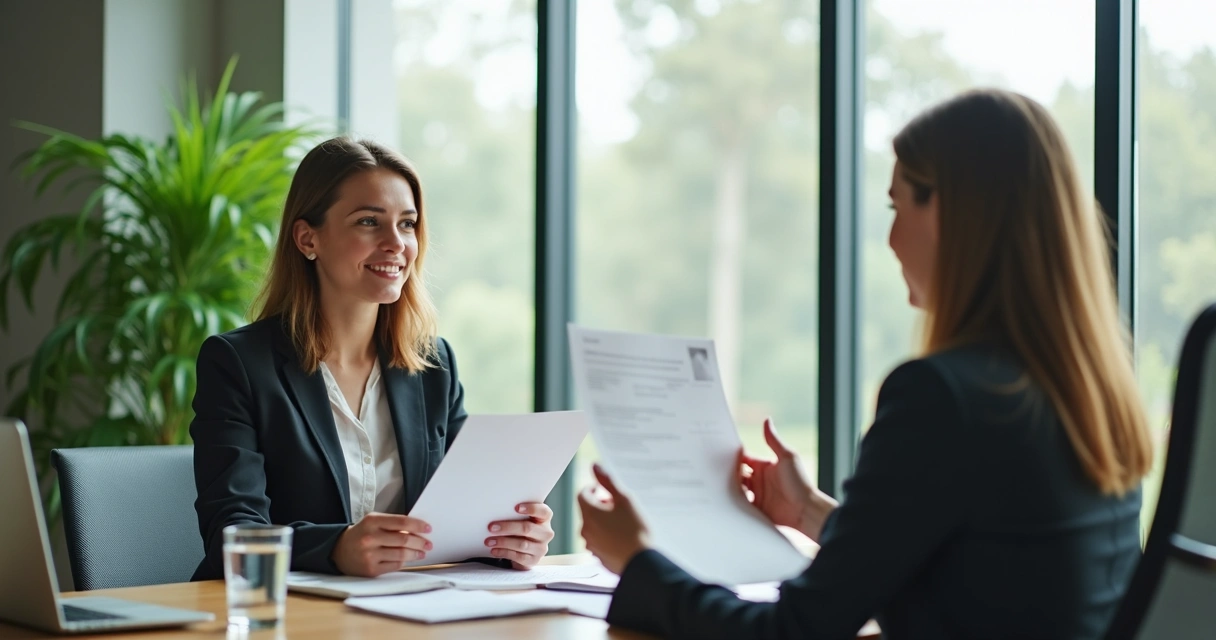 Candidata conversando com recrutadora em ambiente corporativo