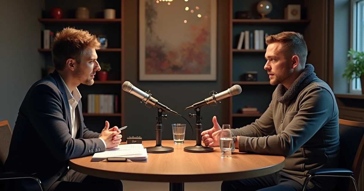 Entrevistador ouvindo especialista em estúdio moderno de gravação 