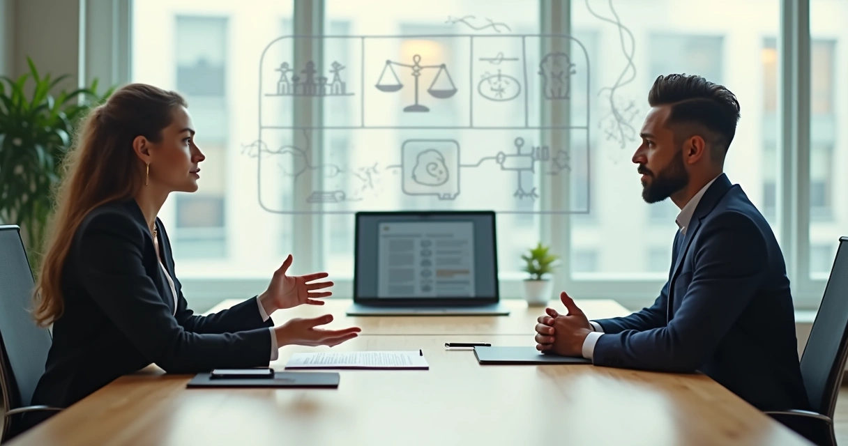 Mesa de entrevista com recrutadora e candidato em conversa profissional 