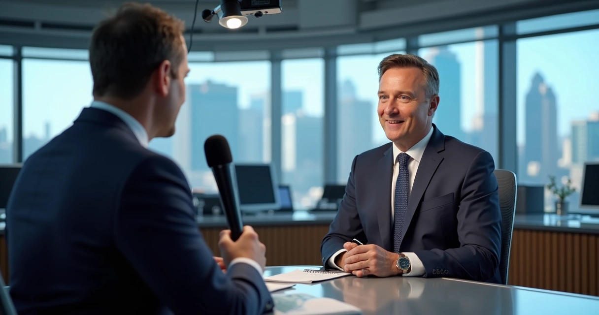 Executivo sendo entrevistado por jornalista em redação moderna