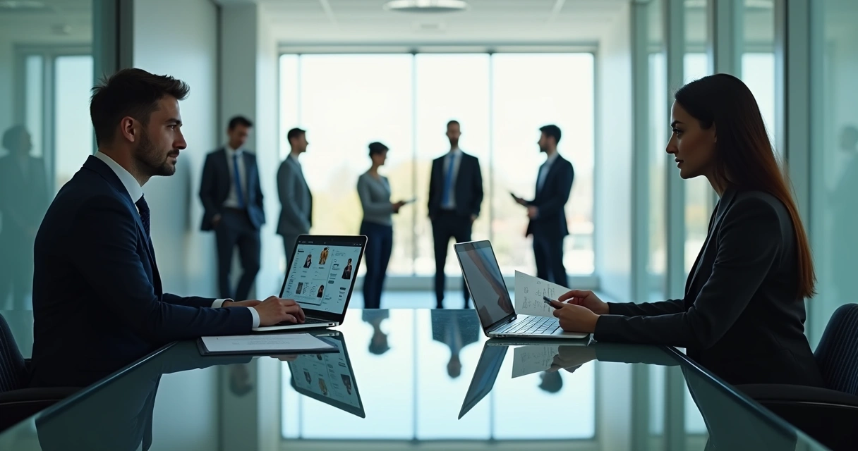 Profissional RH entrevistando candidato em sala moderna, simbolizando recrutamento externo 