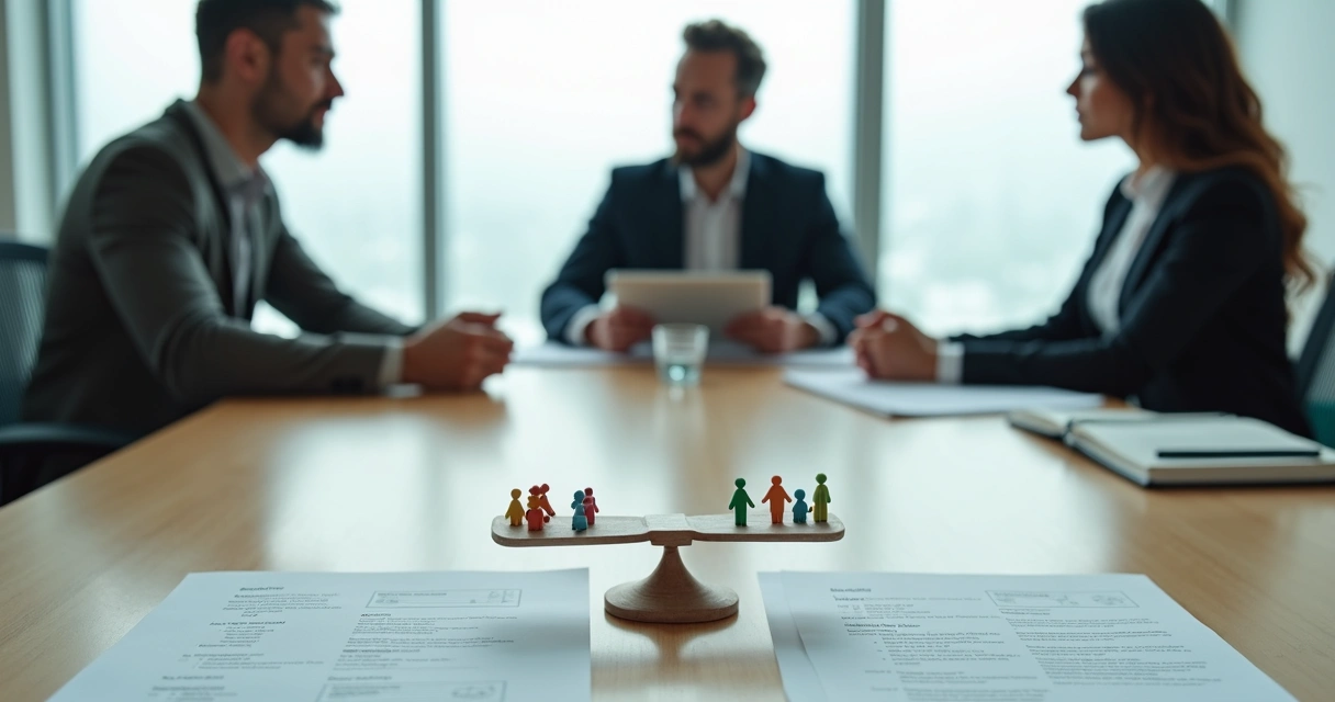 Mesa de entrevista de emprego com currículos e foco simbólico no fator humano do candidato 