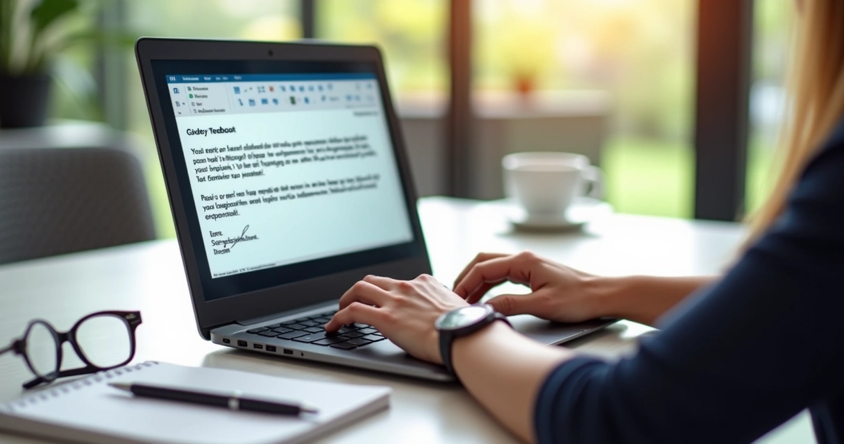Pessoa enviando email formal pedindo feedback após entrevista de emprego em inglês, com computador aberto e texto de email na tela 