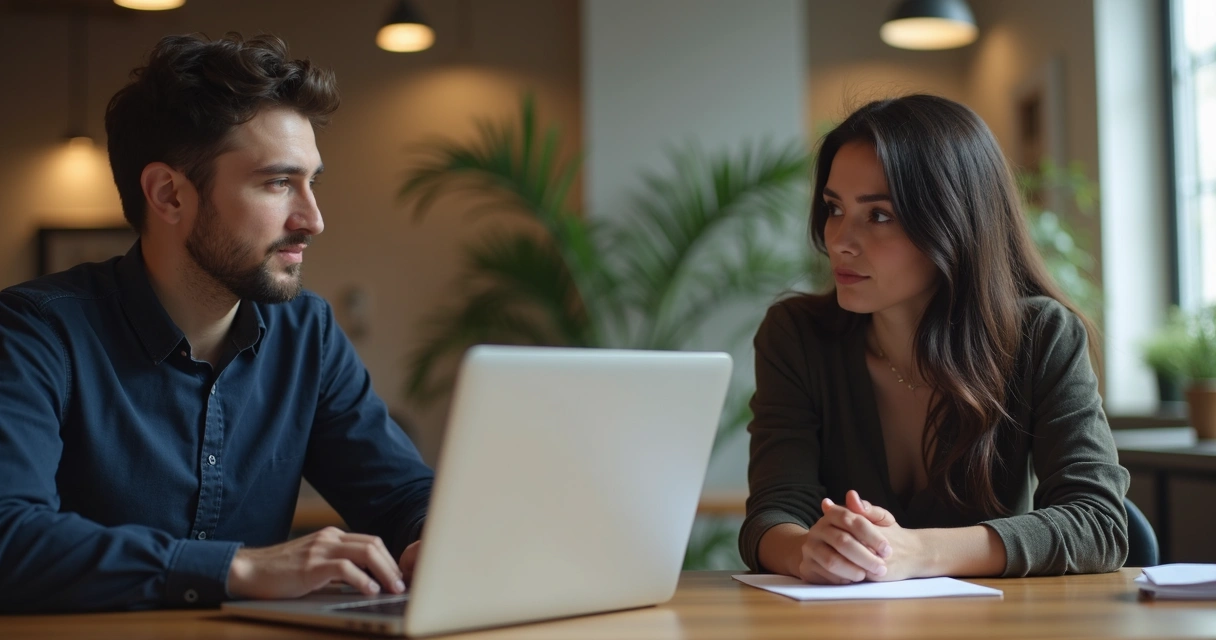 Entrevista entre duas pessoas em frente a um notebook