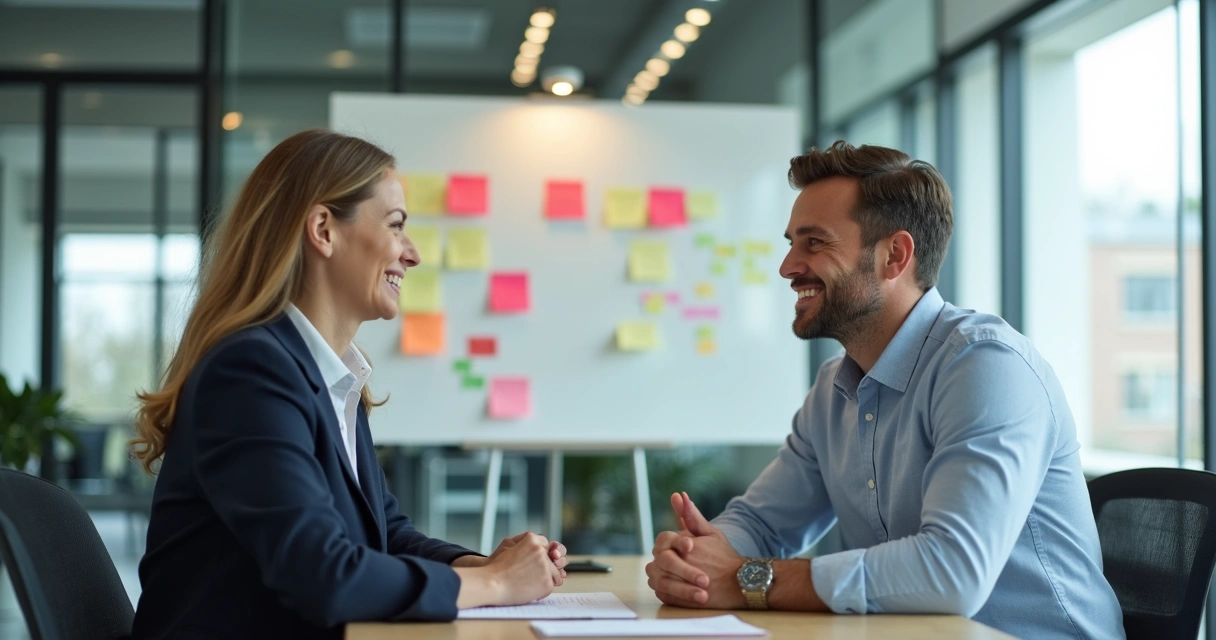 Recrutador e candidato em uma entrevista em sala moderna, ambos sorrindo, com post-its ao fundo