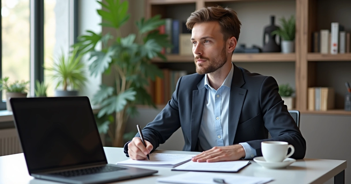 Pessoa vestida profissional em entrevista de emprego, com documentos e laptop em mesa moderna, ambiente claro e elegante 