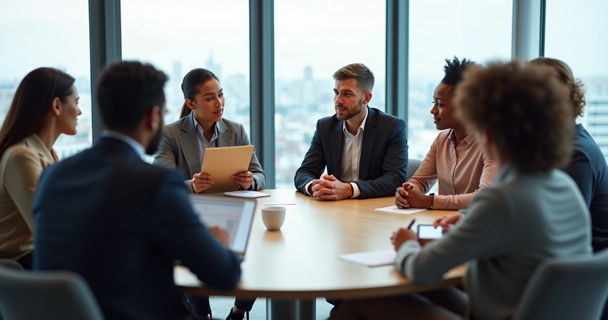 Recrutador conversando com candidatos internacionais em mesa redonda 