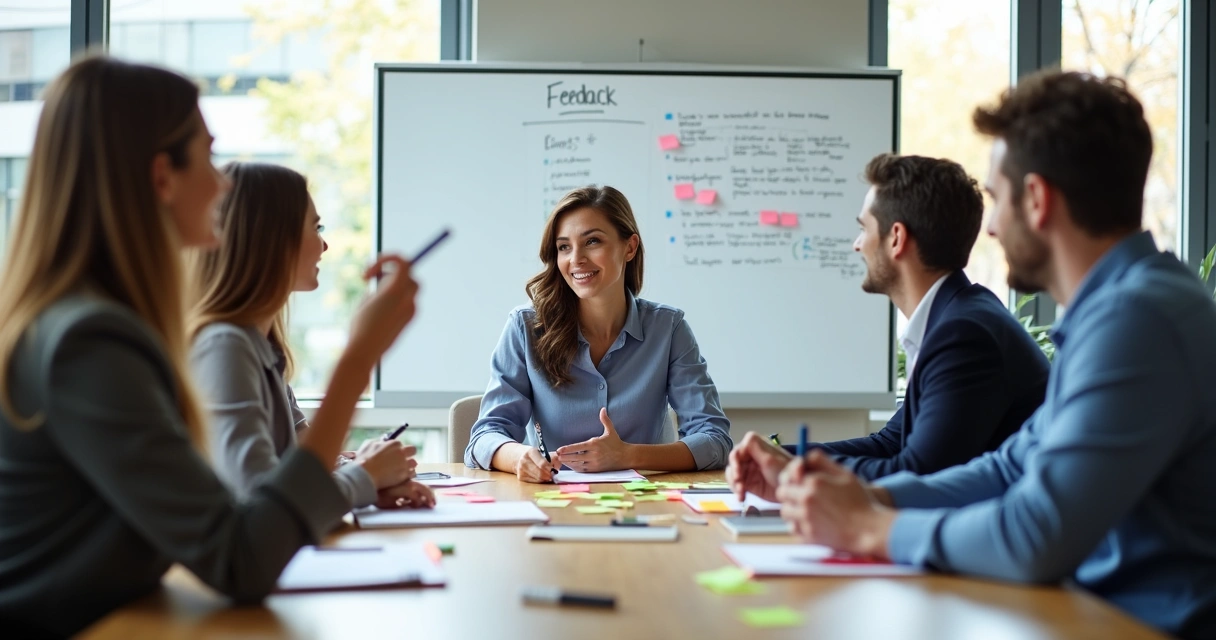 Facilitador conduzindo grupo focal com participantes focados dividindo opiniões