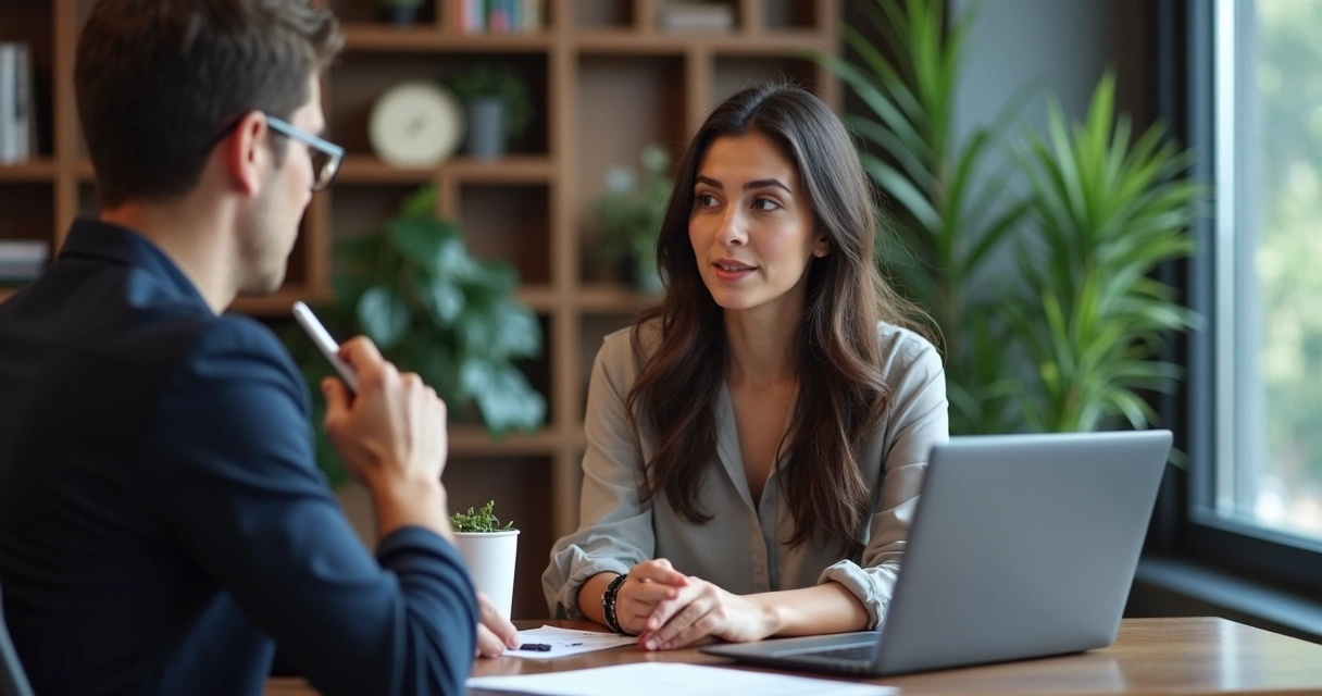 Pessoa explicando um projeto durante entrevista de emprego em inglês simples, com laptop aberto e anotações à frente 