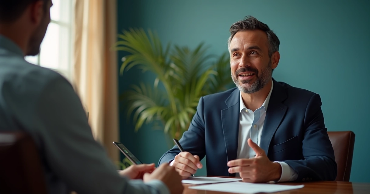 Entrevistador e candidato em entrevista de emprego em inglês, focando na comunicação apesar do sotaque estrangeiro 