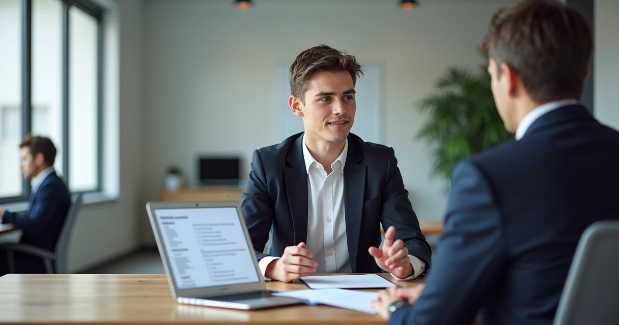 Profissional em entrevista de emprego respondendo perguntas em inglês em ambiente corporativo moderno 