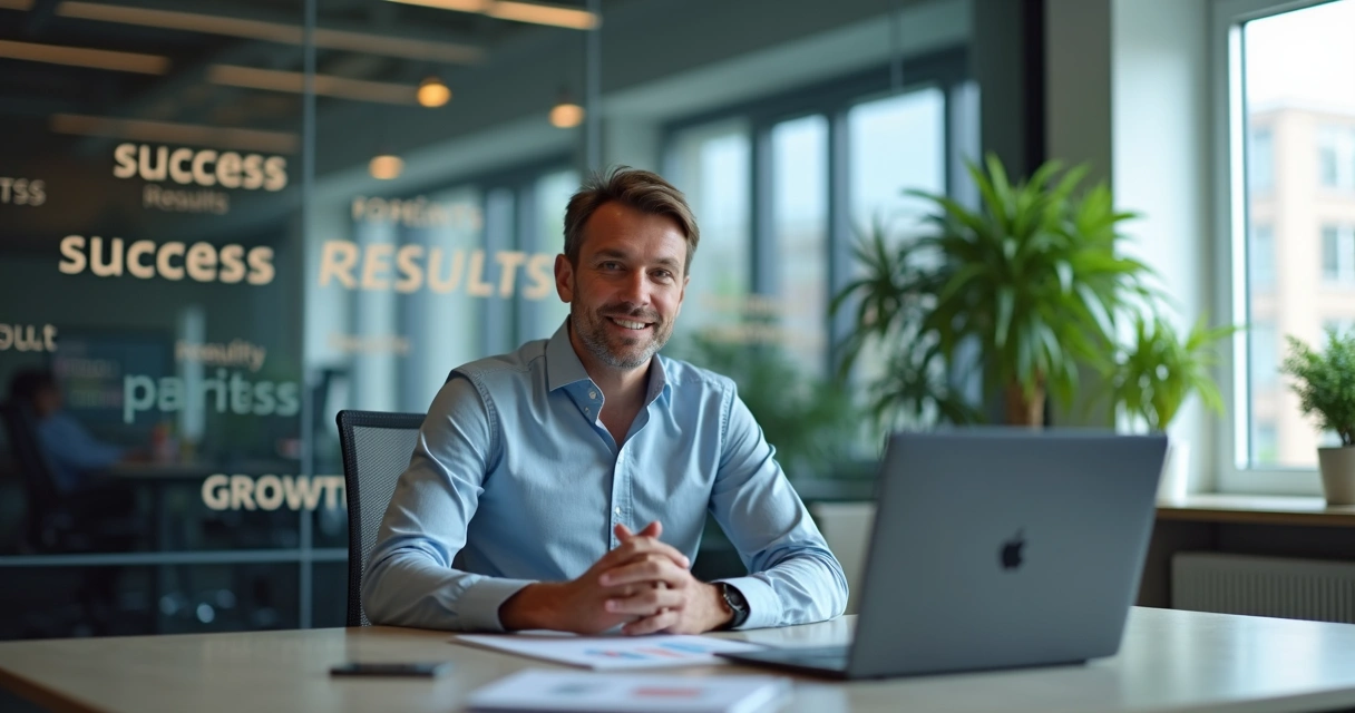Profissional detalhando resultados em inglês durante entrevista de emprego com gráficos e anotações ao fundo 