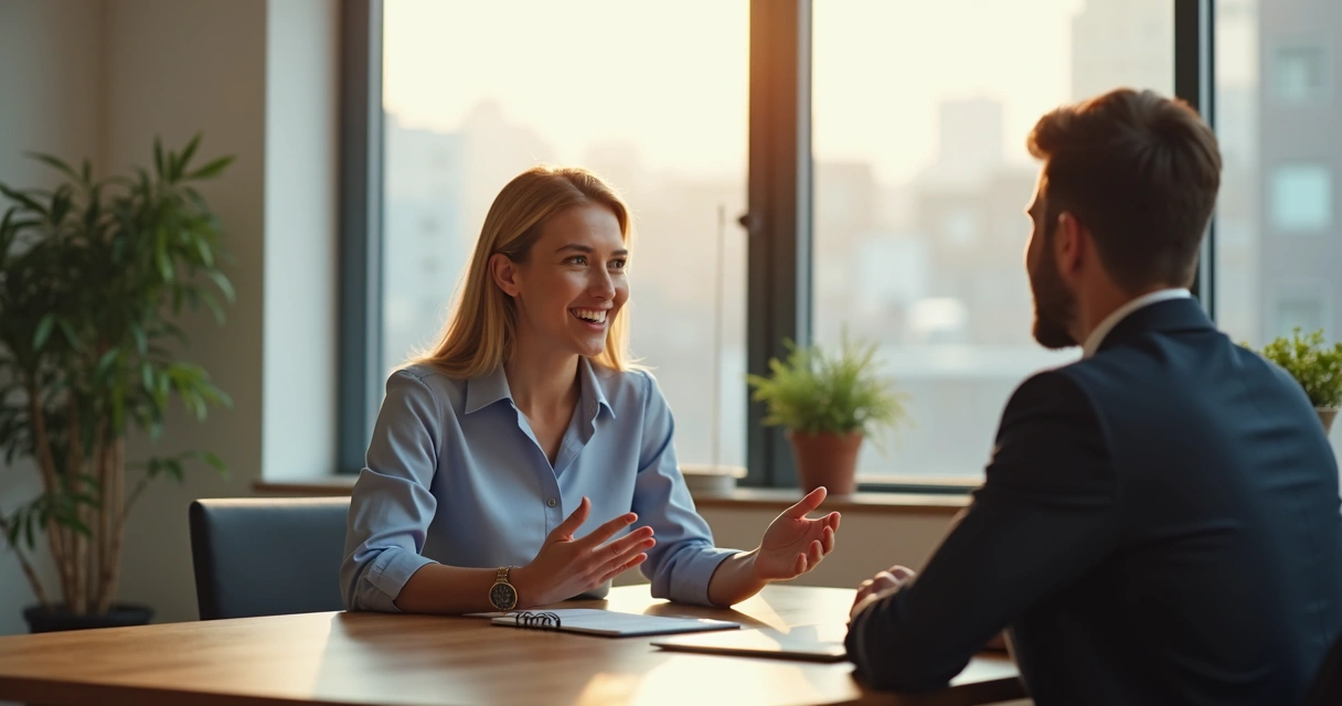 Pessoa em entrevista de emprego falando inglês sobre habilidades interpessoais 