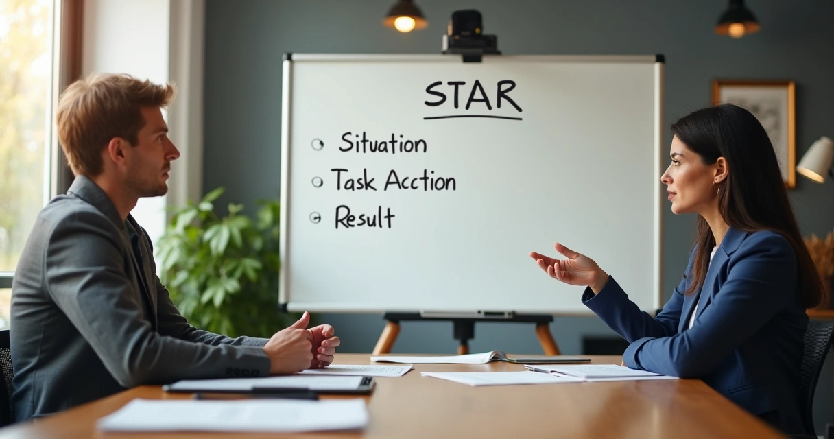 Pessoa explicando projeto em entrevista com quadro mostrando técnica STAR