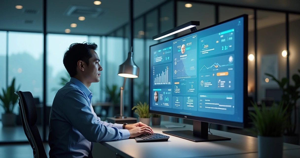 Profissional sendo entrevistado por interface de inteligência artificial em ambiente corporativo 