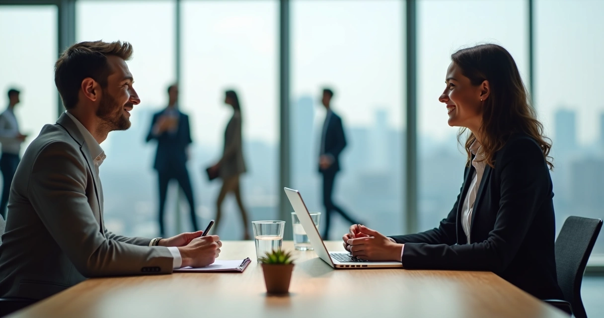 Recrutadora e candidato em entrevista de emprego com foco em inteligência emocional 